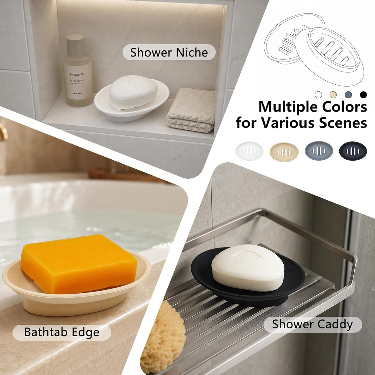 2 Pack Soap Bar Holder, Small Oval Silicone Soapdish Soap Tray for Shower/Bathroom Sink/Kitchen Counter/Bathtub, Non-Slip Central Raised Ridges Soap Stand Dish with Long Slotted Drain Holes