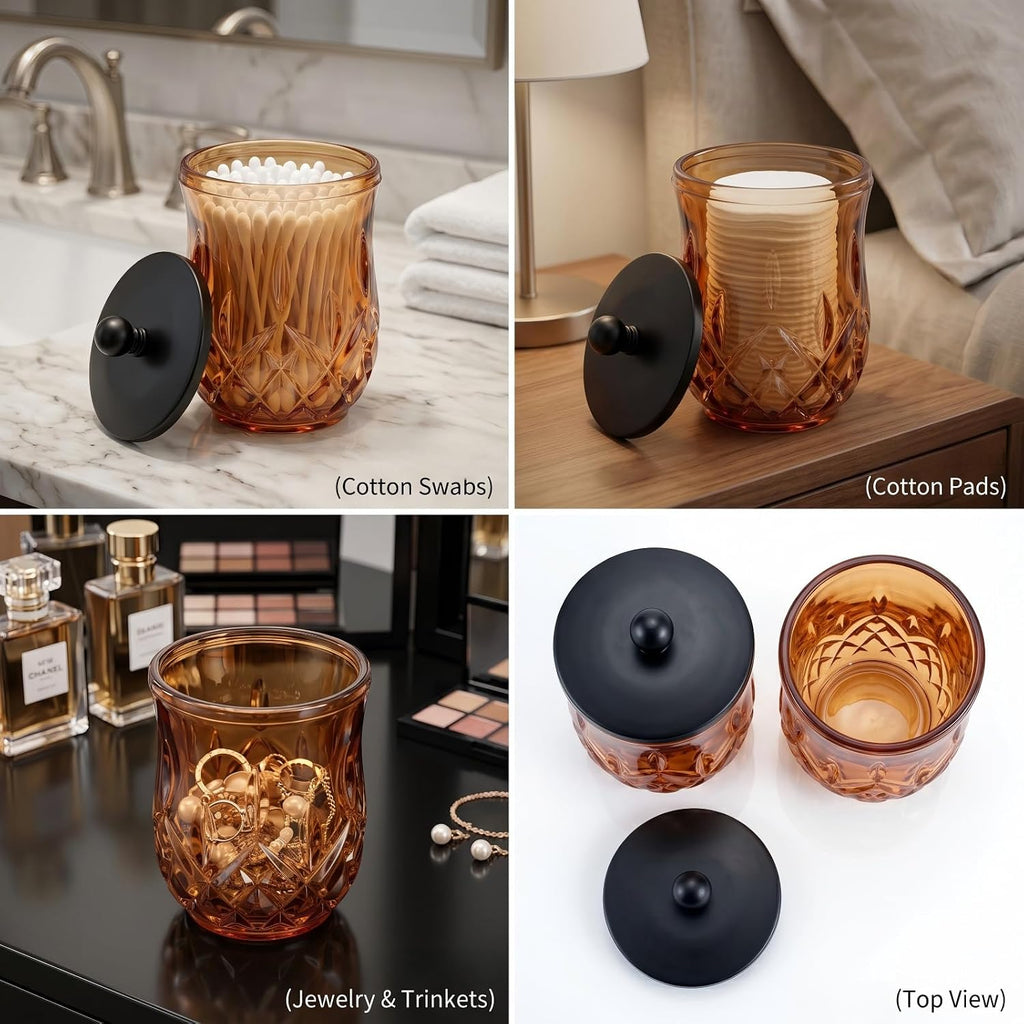 2 Pack 10Oz Amber Q-Tip Holder, Round Thick Glass