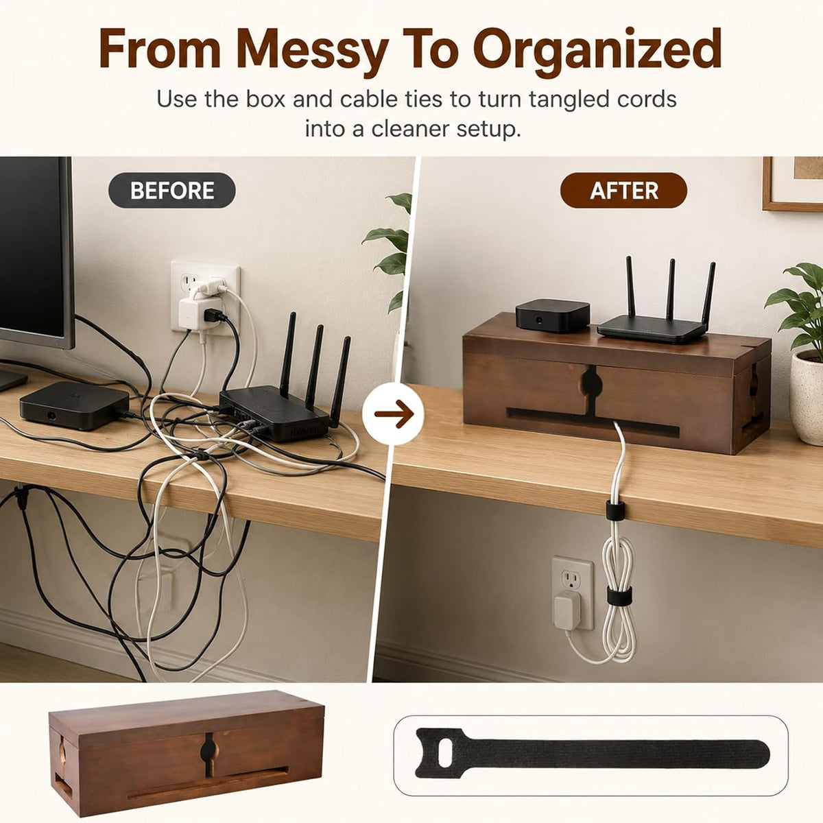 Wood Cable Management Box for Power Strip, Solid Wood Cord Organizer Box with Lid, Wire Storage Box for Desk, Living Room, Office and Media Setup