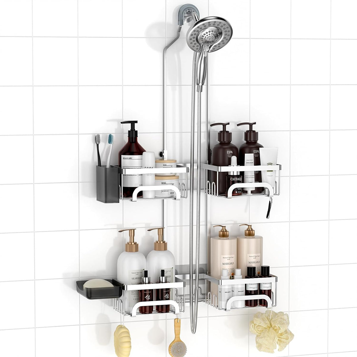 REINHARDT Split Shower Caddy Hanging for Handheld Showerheads, Silver