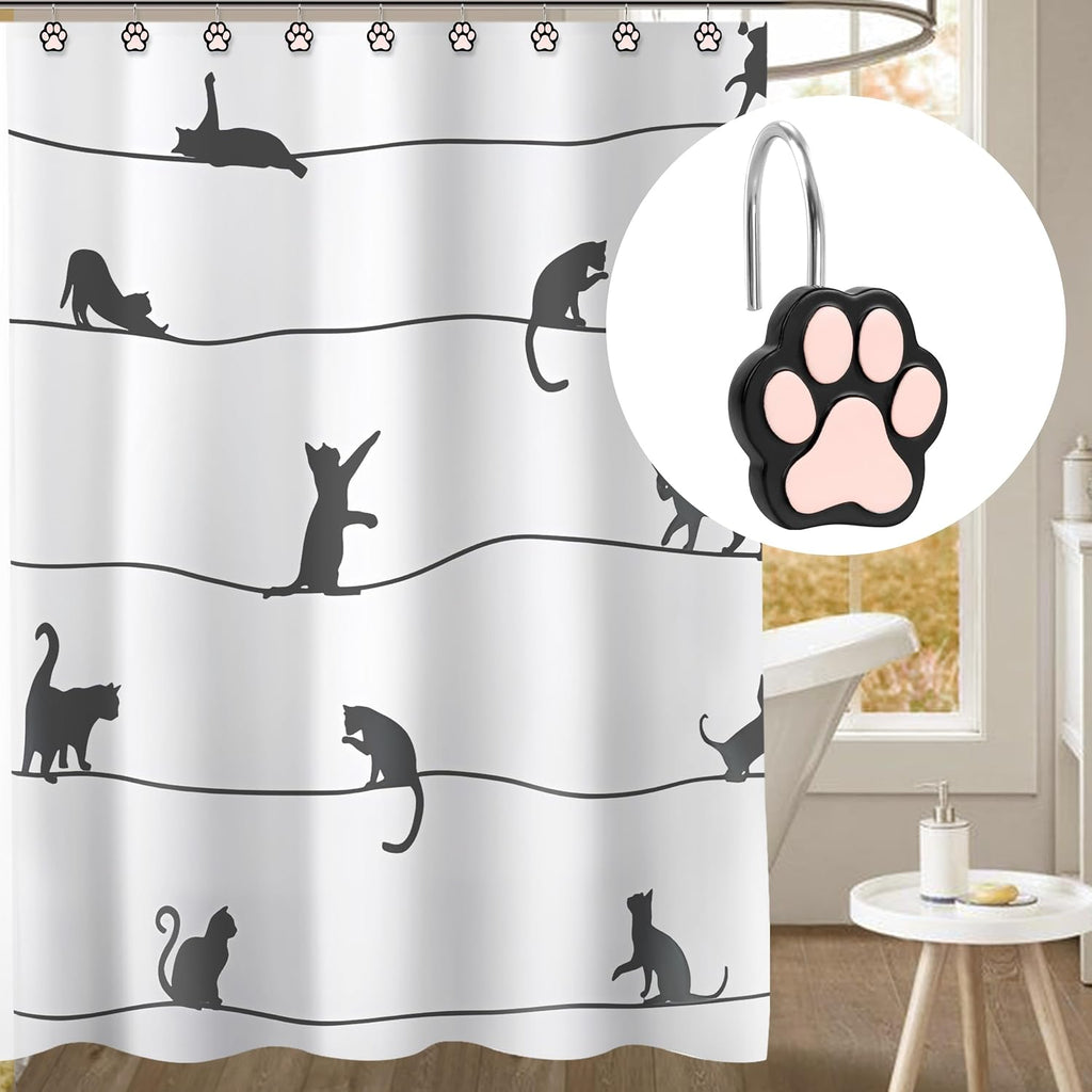 Sunlit Cute Paw Print Decorative Shower Curtain Hooks for Dog Cat Bear, Resin, Lovely Shower Curtain Rings for Kids, Bathroom Decoration Curtain Hangers, 12 Pack, Black & Pink