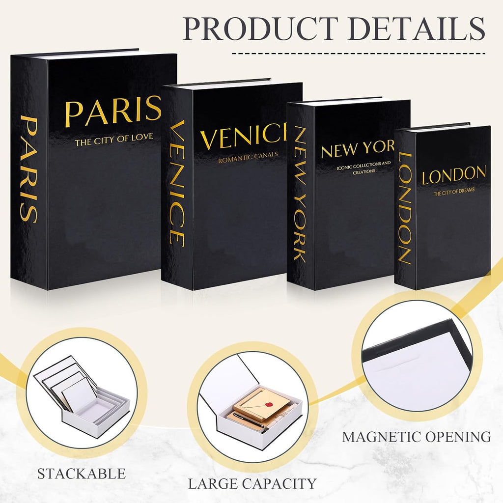 Sabary Set of 4 Decorative Books Box, Black and Gold, Classic Style