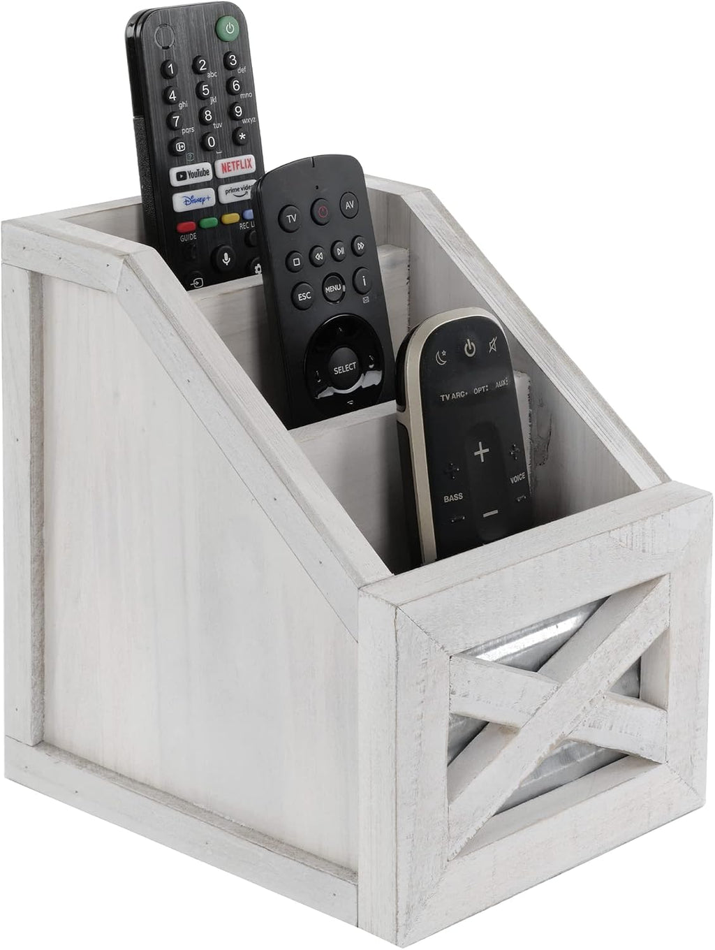 Autumn Alley Rustic Farmhouse Desk Organizer - 3-Slot Multiple Compartment Remote Control Storage Caddy, Barn Door Remote Holder - White