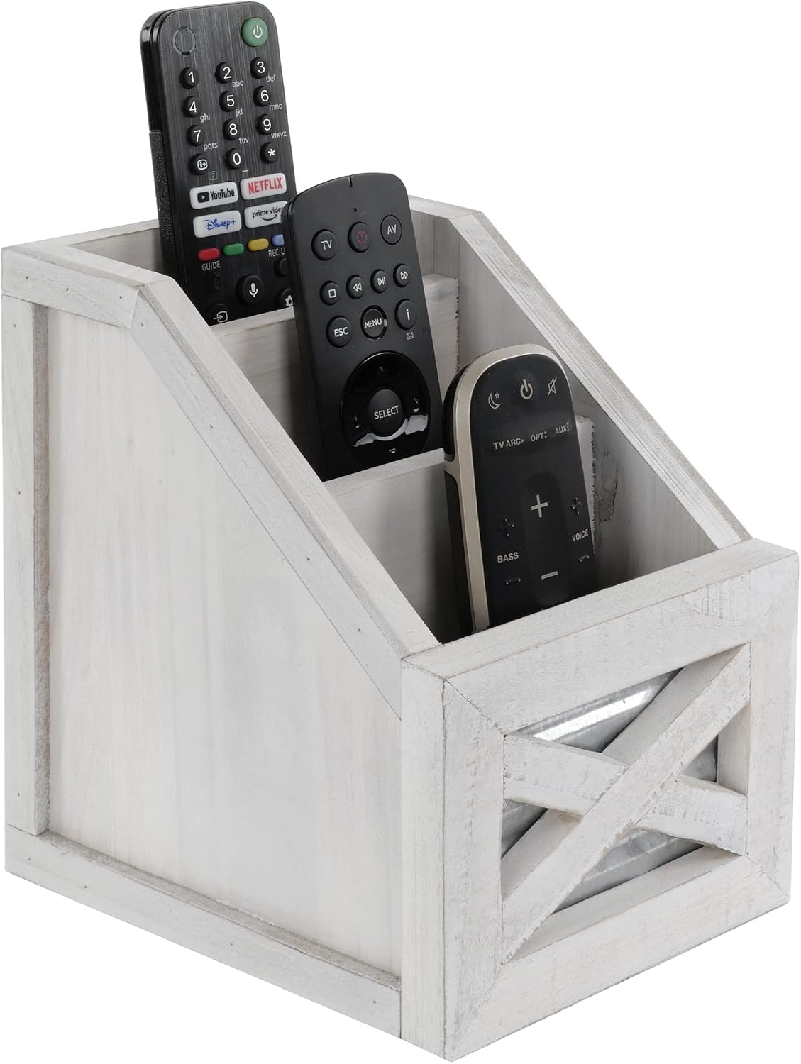 Autumn Alley Rustic Farmhouse Desk Organizer - 3-Slot Multiple Compartment Remote Control Storage Caddy, Barn Door Remote Holder - White
