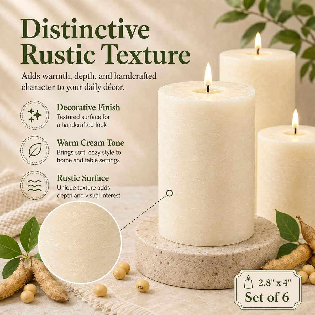 Soy Wax Cream White Pillar Candles,Non-Toxic, 2.8x4 Inch,6 Pack,330 H Burn