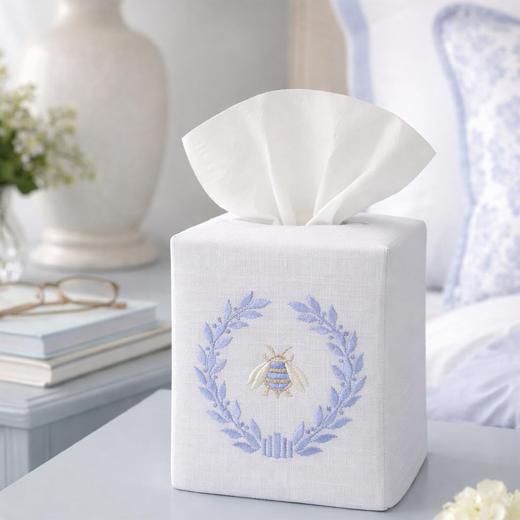 Jacaranda Living Square Tissue Box Cover, Linen/Cotton Fabric Tissue Holder, Decorative Cloth Tissue Cube Cover, Nature Designs Napoleon Bee Wreath (Blue)