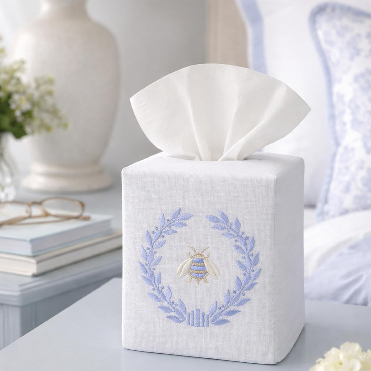 Jacaranda Living Square Tissue Box Cover, Linen/Cotton Fabric Tissue Holder, Decorative Cloth Tissue Cube Cover, Nature Designs Napoleon Bee Wreath (Blue)