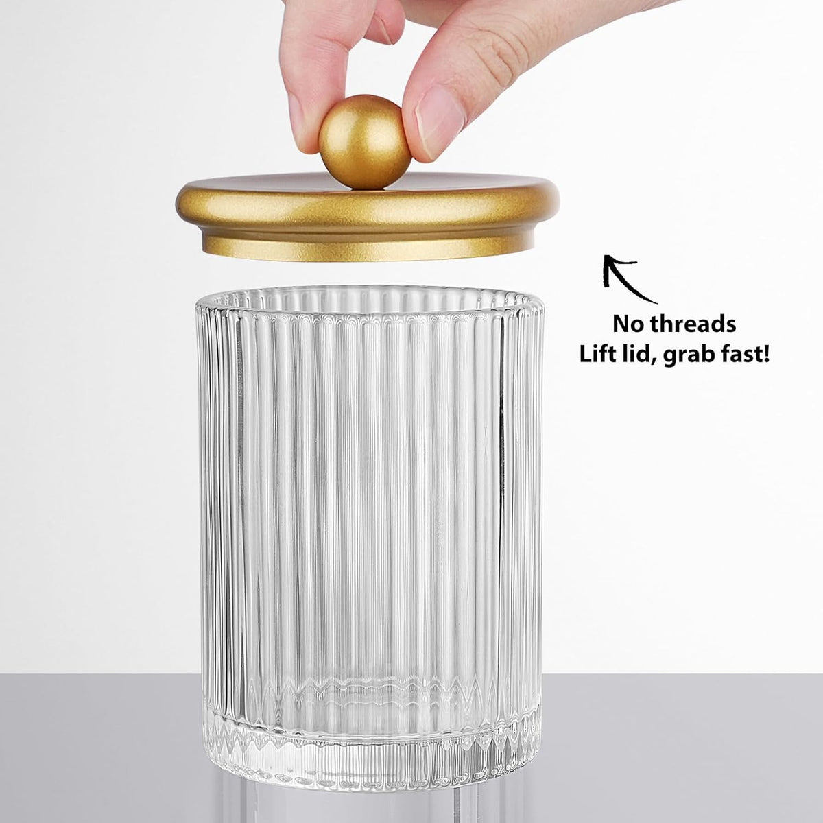 3 Pack Glass Qtip Holder Dispenser Set with Matte Gold Metal Lid