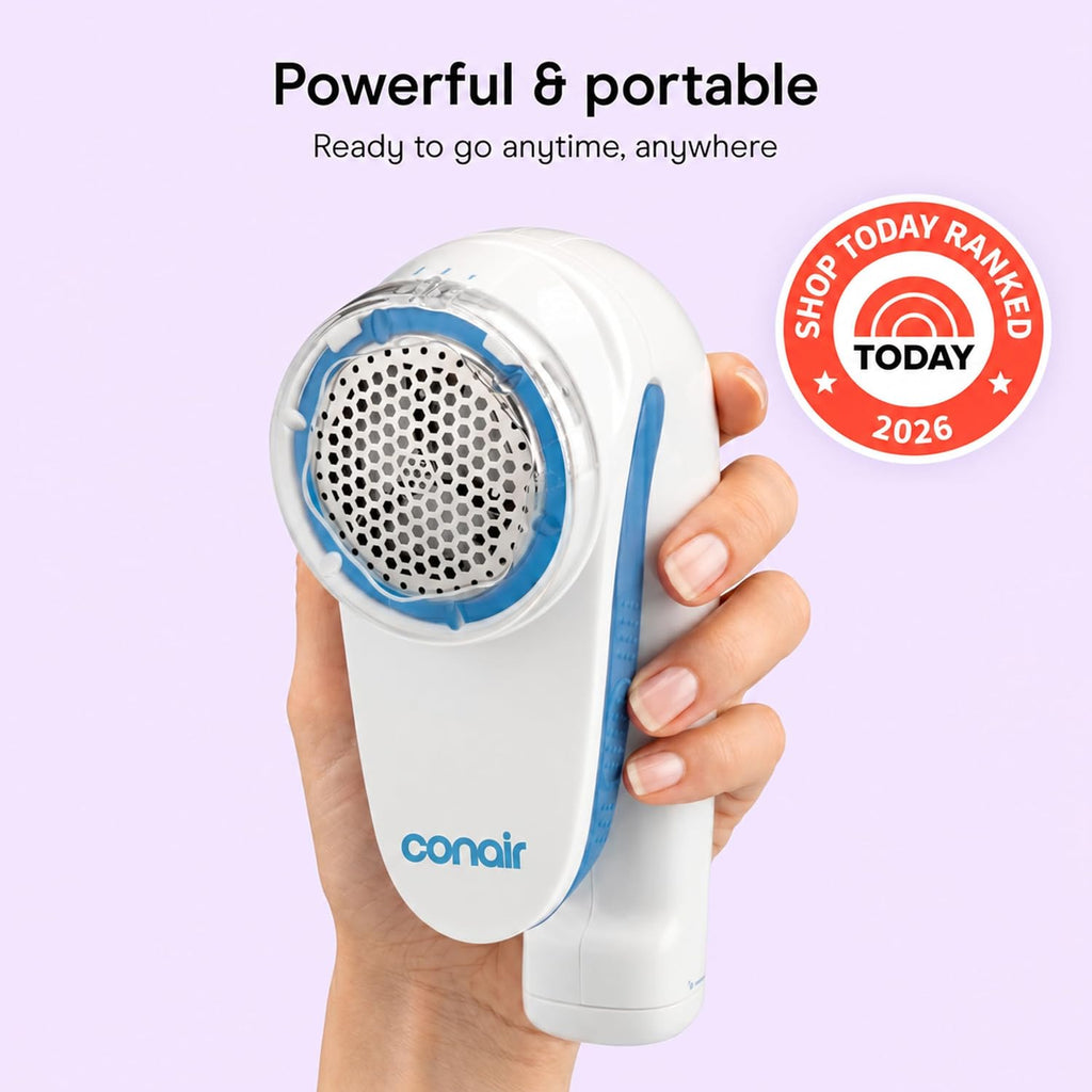 Conair Fabric Shaver and Lint Remover, Battery-Operated Portable Clothes Shaver with 3 Settings, Fuzz Remover for Sweaters, Clothing and Furniture, Large 2-Inch Shaving Head, White