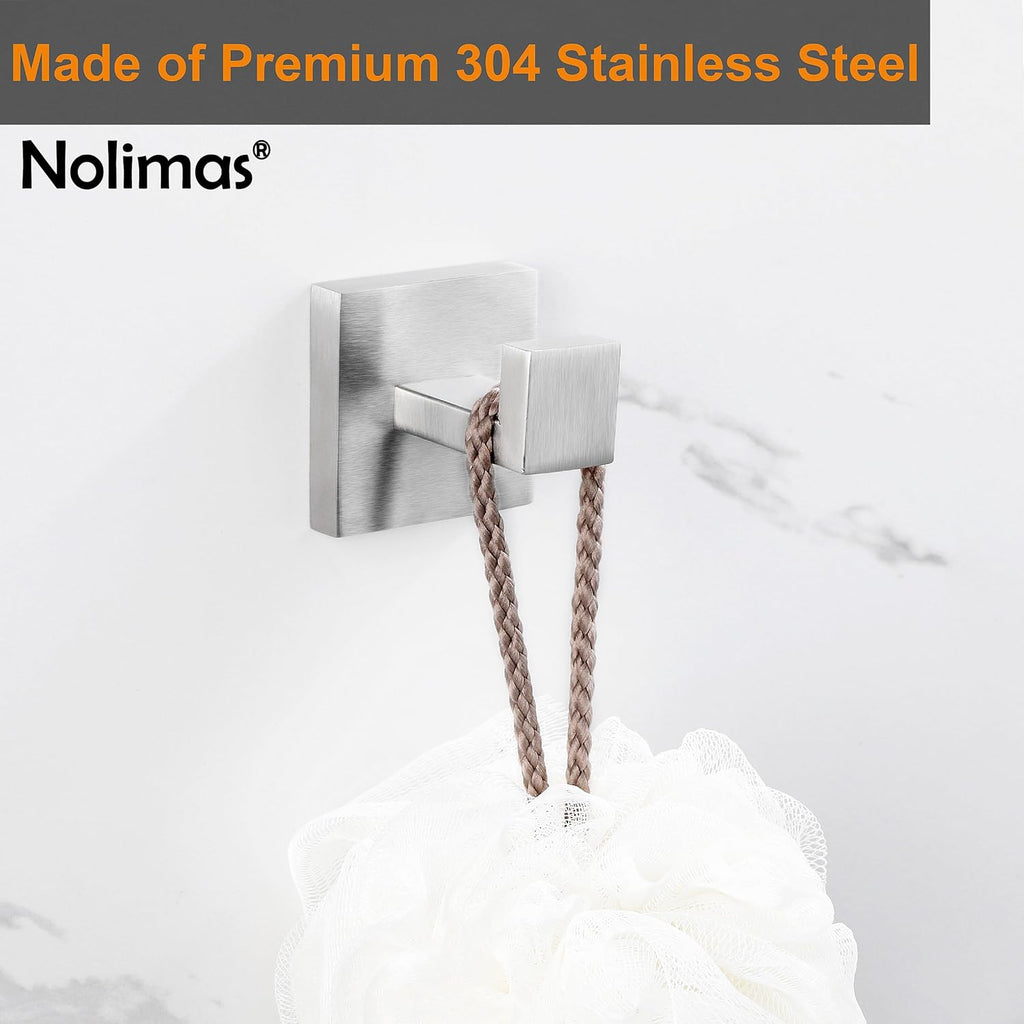 Nolimas Towel Hook Stainless Steel Bathroom Rustproof Clothes Towel Coat Hook Wall Mounted Square Toilet Kitchen, Heavy Duty Door Hanger, 2 Pack, Brushed Nickel