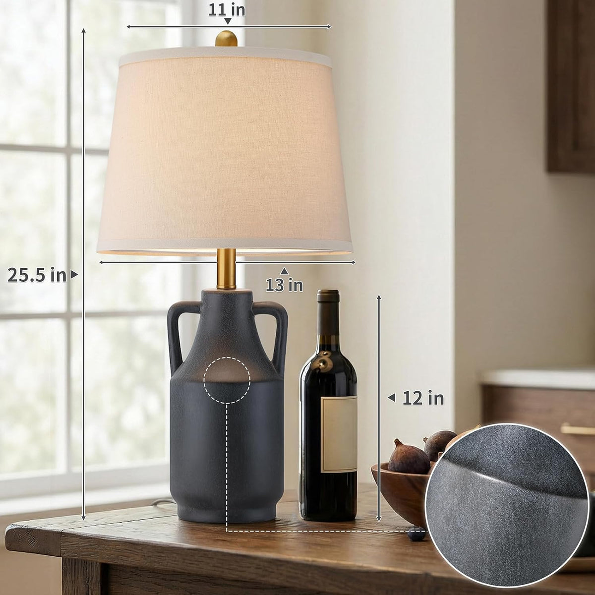 Lovlast 26" Farmhouse Black Ceramic Table Lamp for Bedroom Living Room