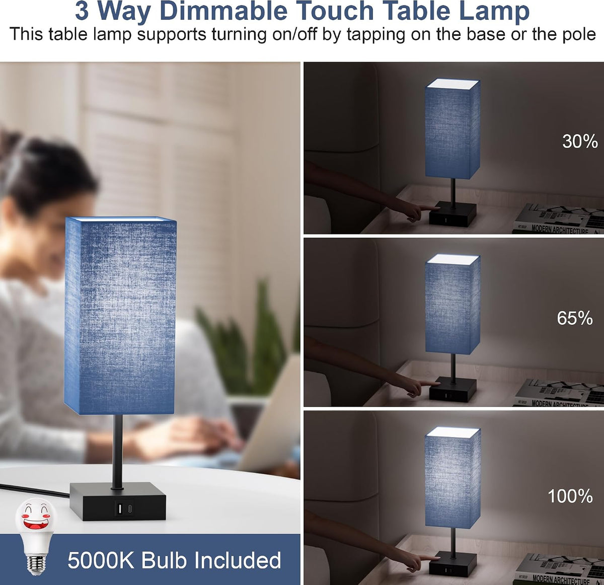 Bedside Table Lamp for Bedroom with 2USB Ports, 14-Inch, NavyBlue