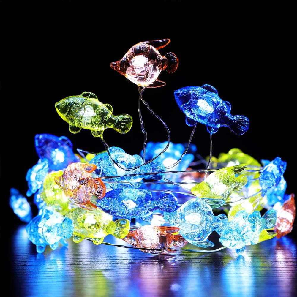 WSgift Tropical Fishes Decorative String Lights, 18.7 Ft 40 LED USB Plug-in Silver Copper Wire Beach Theme Fairy Lights for Indoor Outdoor Decoration Projects (Cool White, Remote Control with Timer)