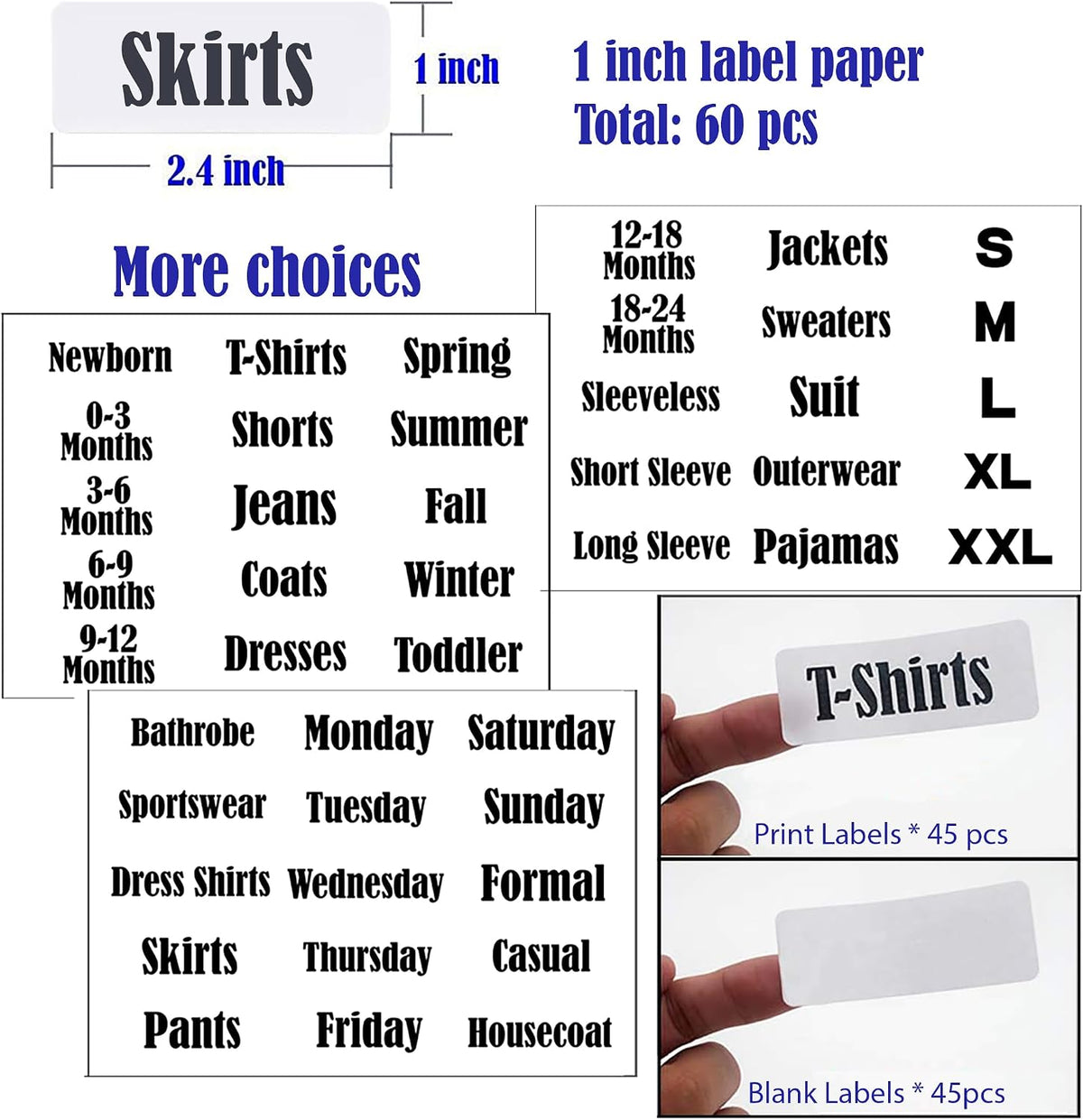 16 Pack White Clothing Rack Size Dividers Plus 45 Labels (1 Inch) and 18 Large Blank Labels, Large Rectangular Clothing Closet Dividers (Pink)