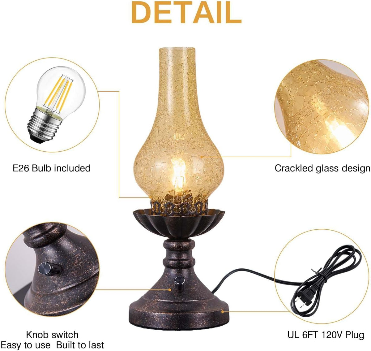 Vintage Table Lamp with Crackled Glass Shade & Rotary Knob Switch, Small Antique Desk Lamp,Lantern Rustic Farmhouse Western Victorian Bedside Decor for Bedroom,Living Room,Office