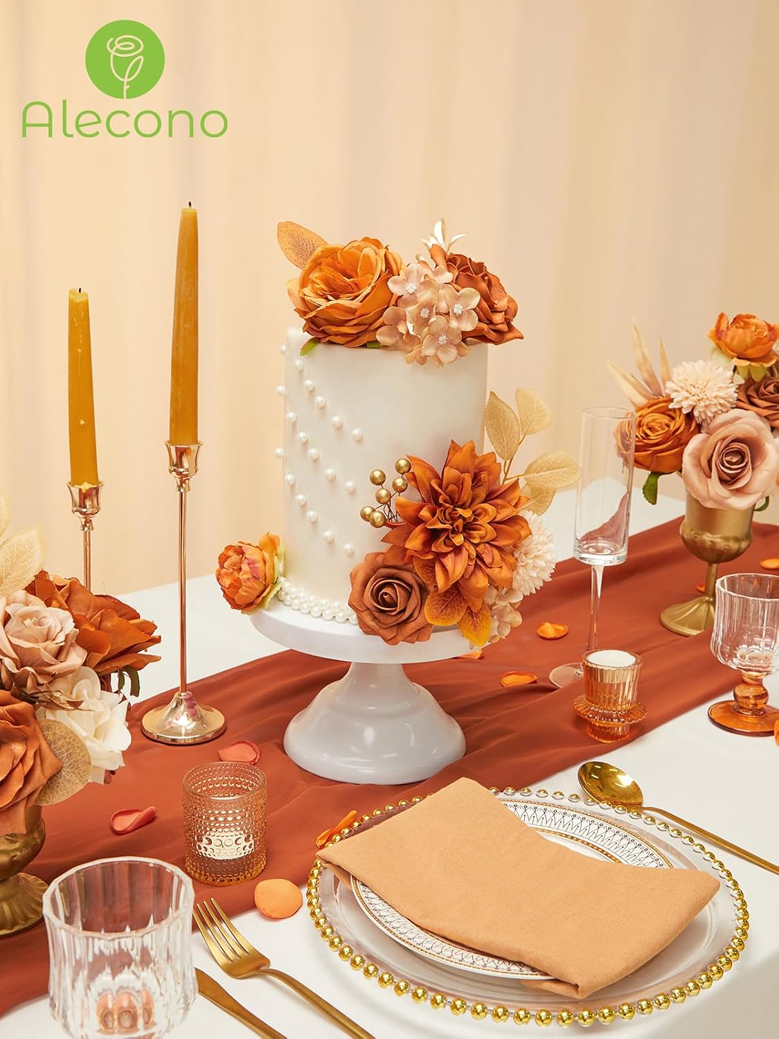 Alecono Orange Artificial Flowers, Silk Fake Fall Floral Set