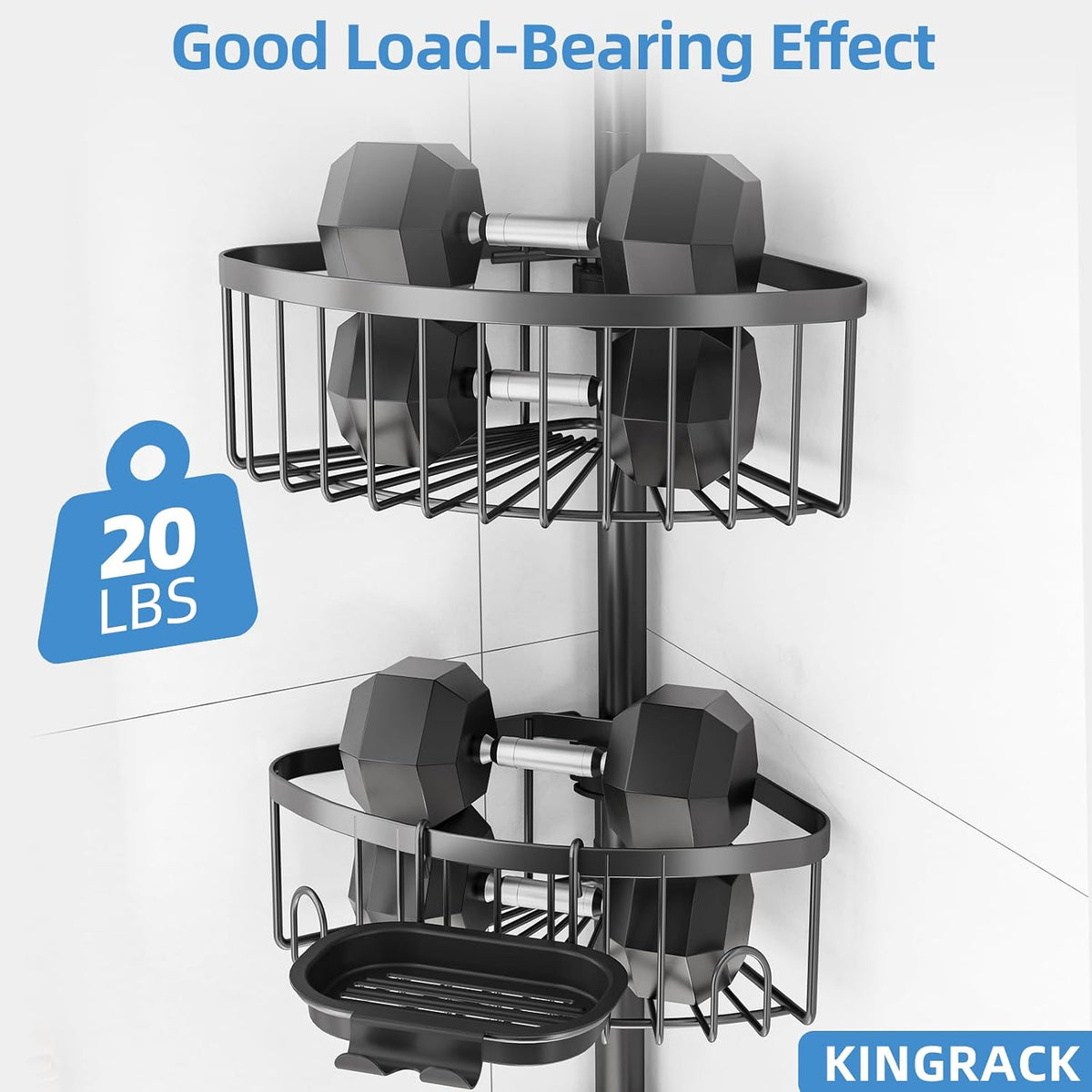 KINGRACK 4-Tier Tension Pole Shower Caddy,Corner Shelf for Storage, Black