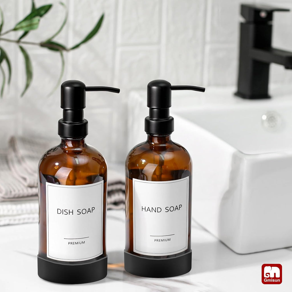 GMISUN Amber Glass Soap Dispenser with Silicone Sleeve Boot, 2 Pack Bathroom Hand Soap Dispensers with Pump, 17 Fl Oz Kitchen Hand and Dish Soap Dispenser Set, Liquid Soap Dispensers Bottle