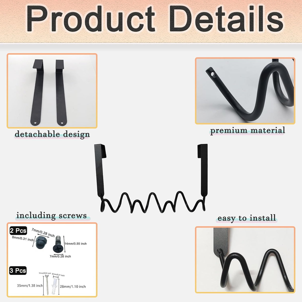 Wave Shaped Over The Door Hook, Metal Door Hanging Rack with 4 Hooks, Black