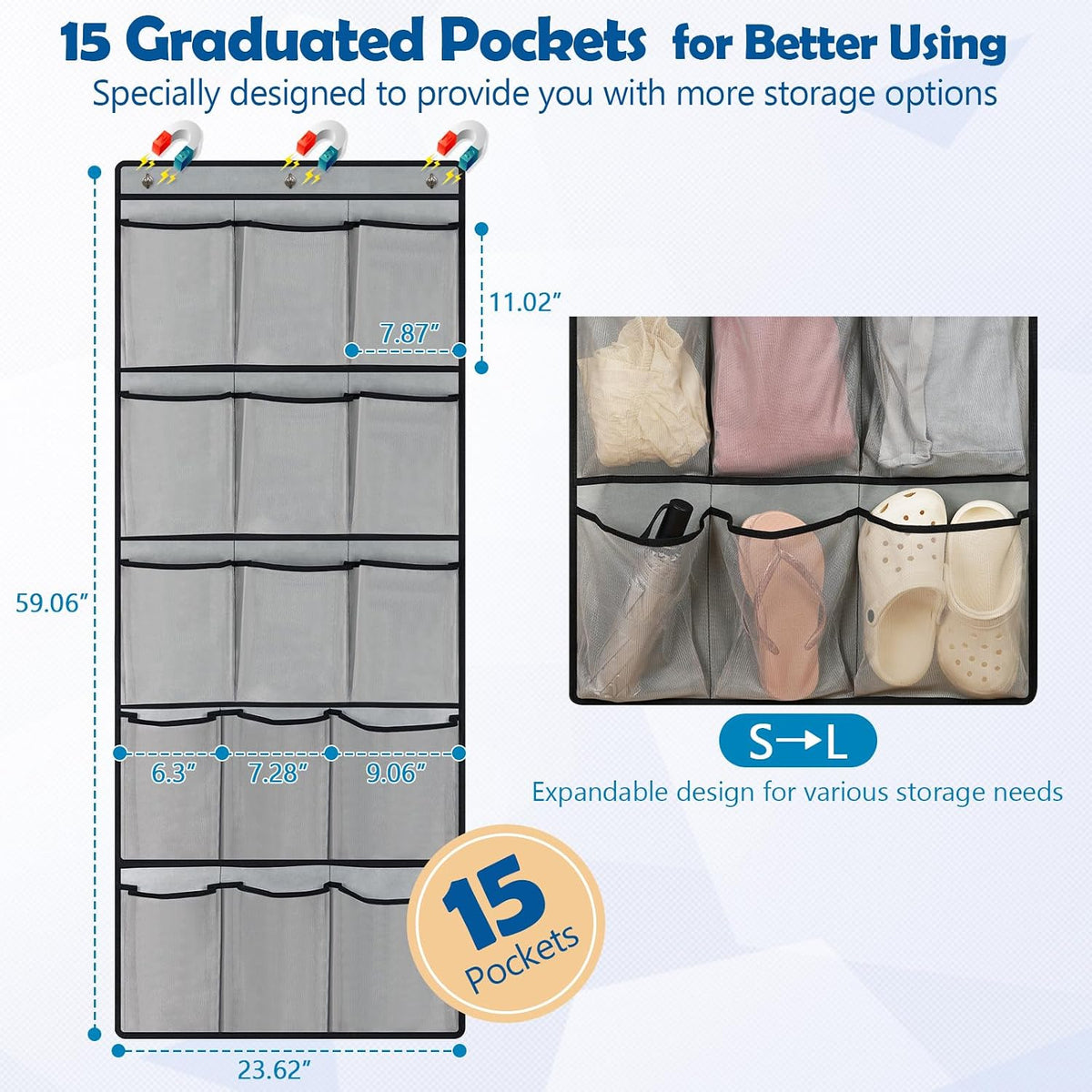 Over The Door Cruise Ship Organizer with 15 Size-Graded Pockets Grey