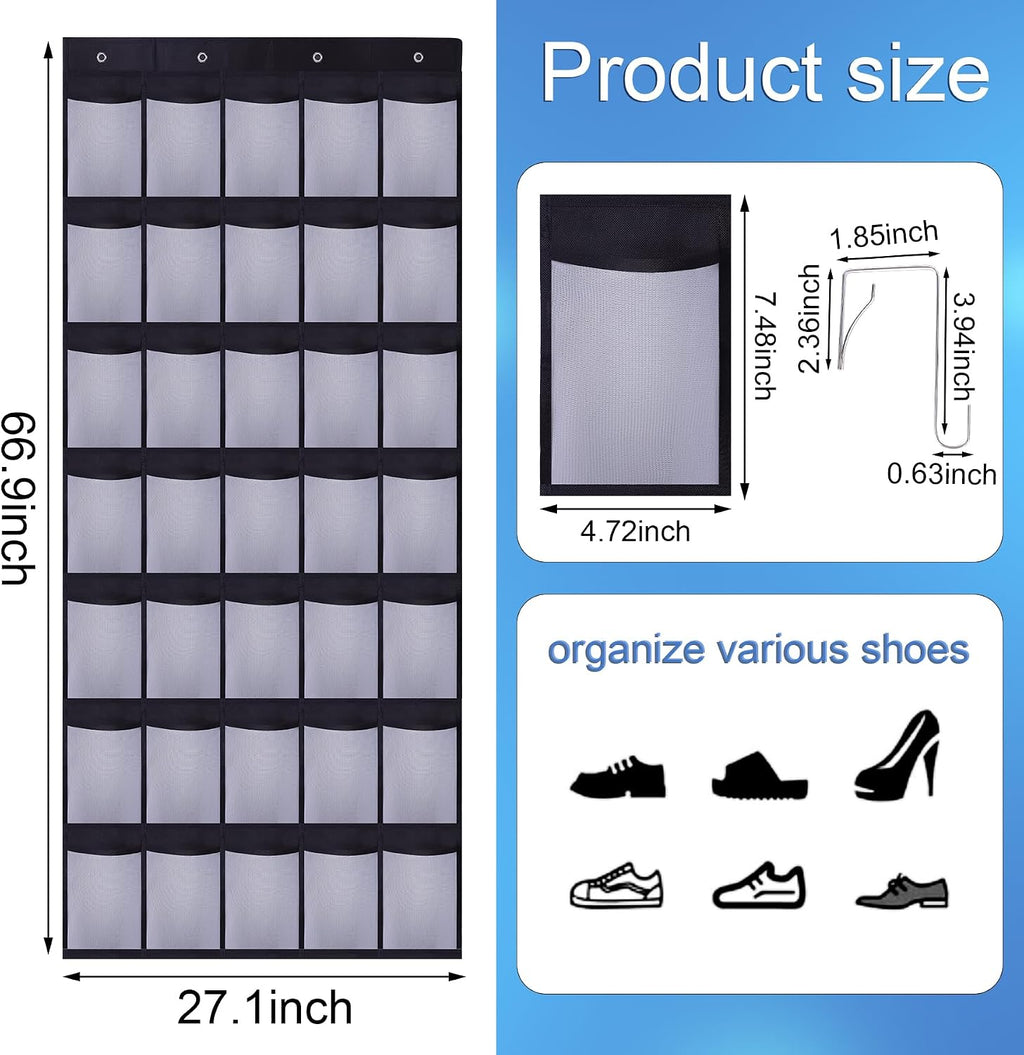 35 Pocket Over Door Shoe Organizer with 4 Metal Hooks（Black-White）