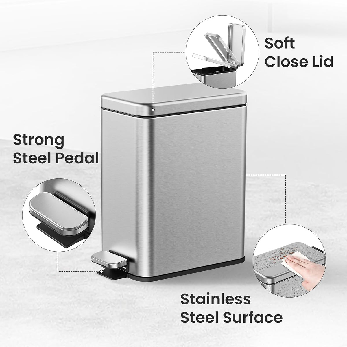 Cesun 2.6 Gallons Small Bathroom Trash Can with Lid Soft Close, Silver