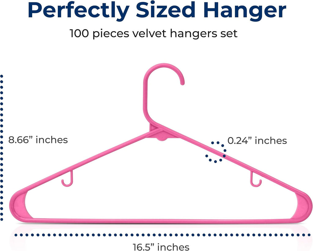 SereneLife 100 Pack Plastic Clothes Hangers | Keeps Shirts, Coats & Dresses Neatly Organized | Non-Slip Recycled ABS, Heavy Duty Design, Slim 0.24-Inch Profile, 5.5 Lbs Capacity | Pink