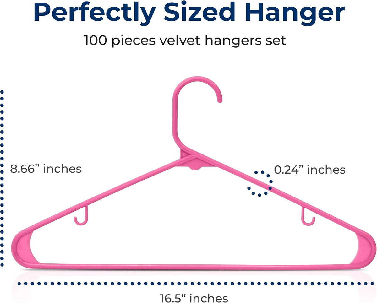 SereneLife 100 Pack Plastic Clothes Hangers | Keeps Shirts, Coats & Dresses Neatly Organized | Non-Slip Recycled ABS, Heavy Duty Design, Slim 0.24-Inch Profile, 5.5 Lbs Capacity | Pink