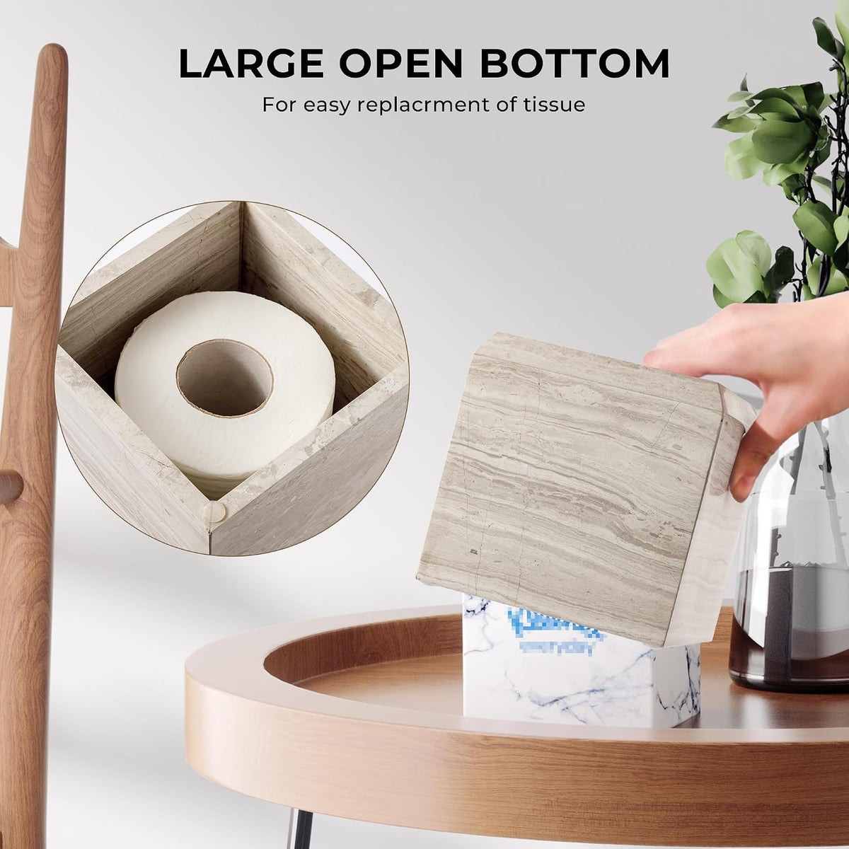 Tissue Box Cover Italy Natural Marble Heavy Duty Square Facial Toilet Paper Holder for Bathroom Living Room Bedroom Dresser Kitchen Minimalistic Office Home Decor Grey (WH078)