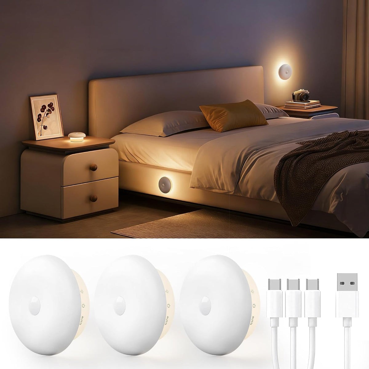 Homelist 2026 New 1500mAh Indirect Lighting Night Light, 3 Pack Bedside Table Lamp, Dimmable Rechargeable Motion Sensor Lights Indoor for Bedroom Nightstand, Cabinet, Porch, Hallway, Stairs