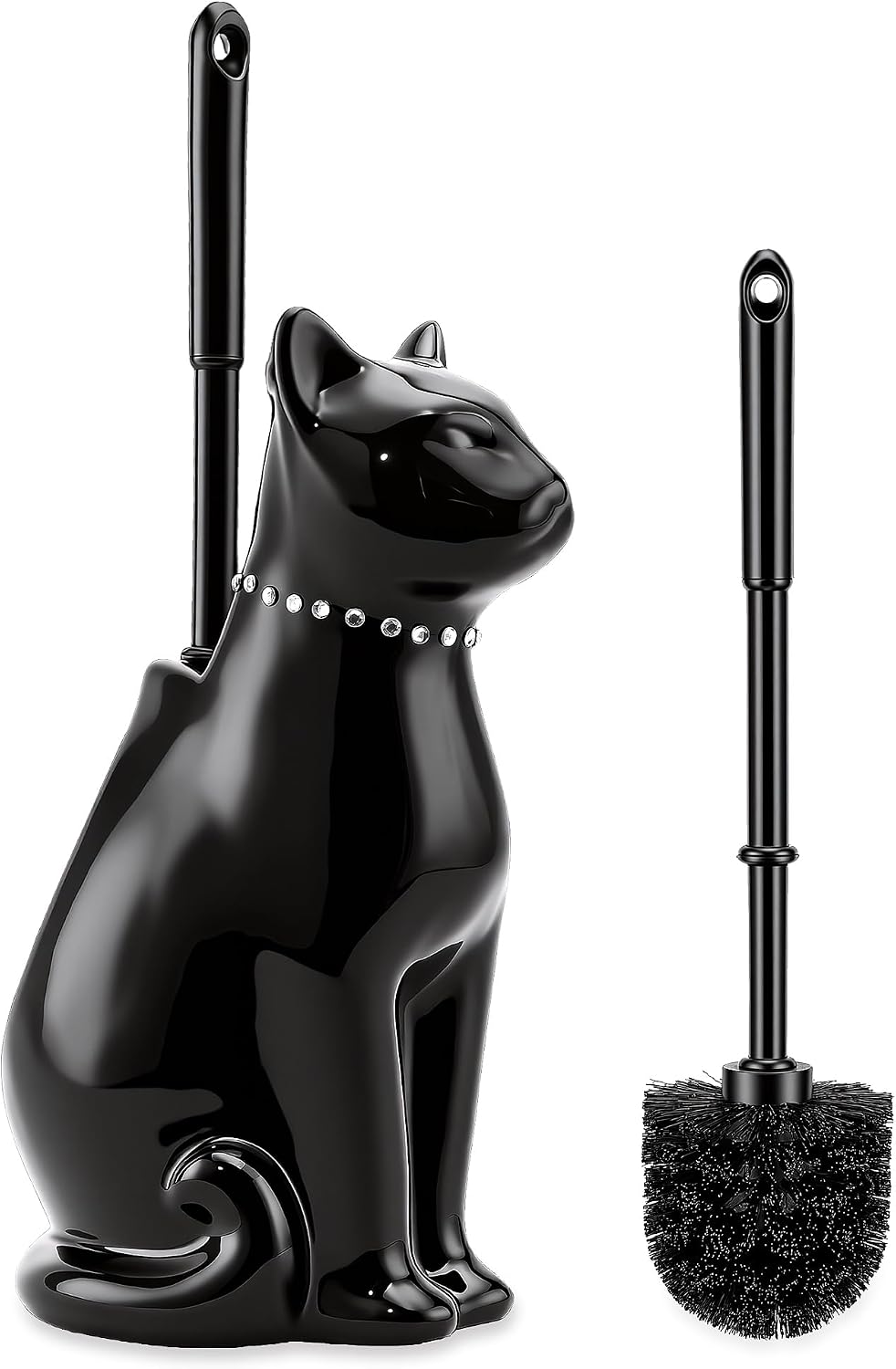 Cat Toilet Brush Holder with 2 Brushes, Ceramic Feline Design Wide-Mouth Storage, Black Toilet Brush Set Freestanding for Bathroom Floor, Easy-Clean Decorative Cat Lover Gift (Black)