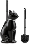Cat Toilet Brush Holder with 2 Brushes, Ceramic Feline Design Wide-Mouth Storage, Black Toilet Brush Set Freestanding for Bathroom Floor, Easy-Clean Decorative Cat Lover Gift (Black)