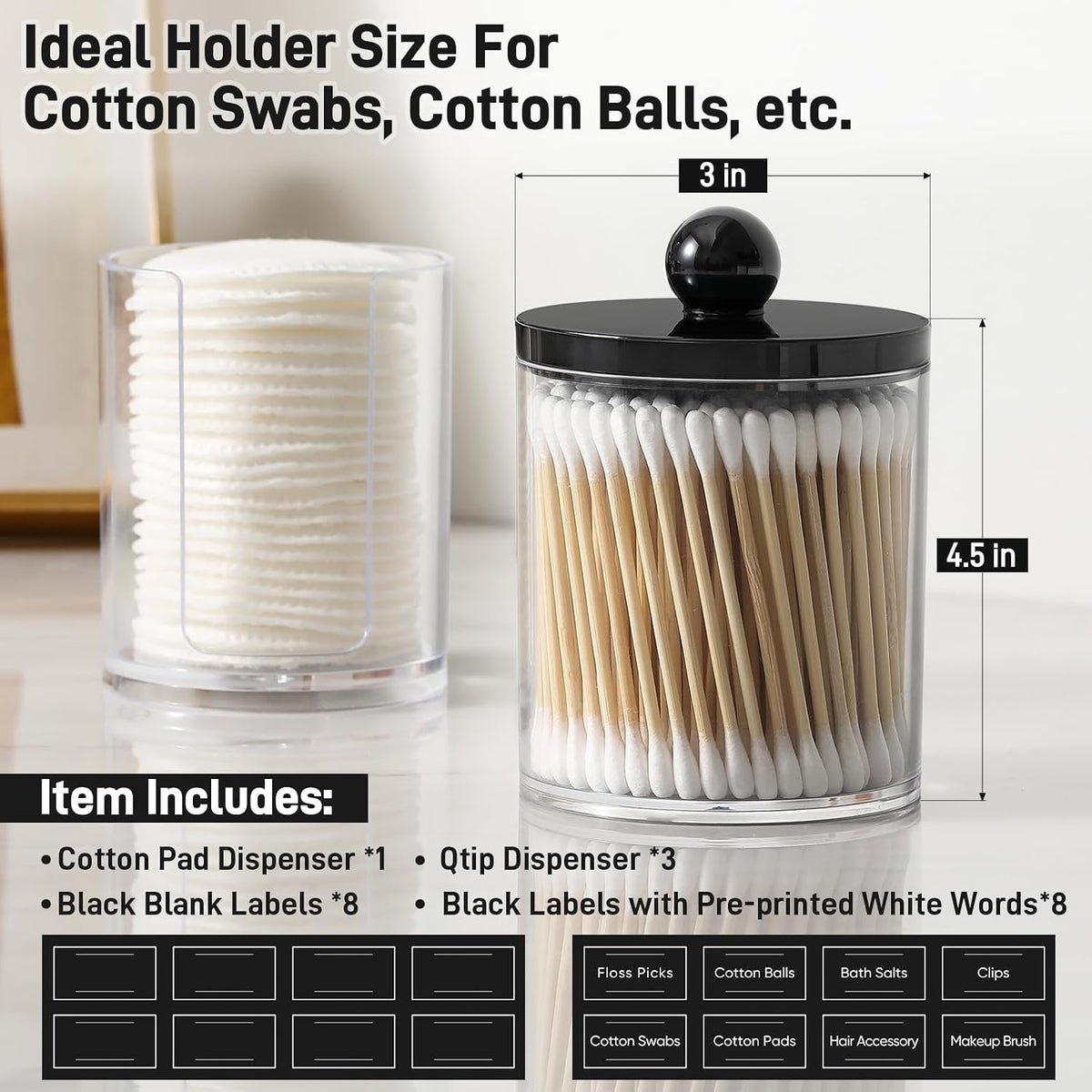 4 Pcs, Acrylic Qtip Holder Dispenser for Cotton Swab, Ball, Round Pads, Floss Picks - Plastic Apothecary Jar Set, Bathroom Canister Decor Storage Accessories, Vanity Makeup Organizer - Clear & Black