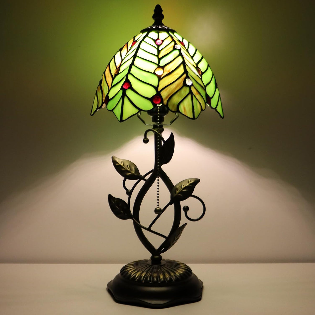 Tiffany Style Stained Glass Table Lamp Green Coconut Leaves 18 Inch