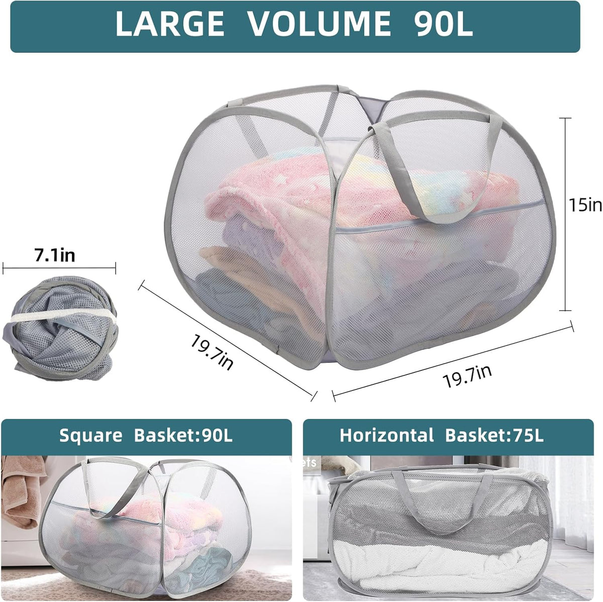 Collapsible Laundry Baskets, 90L Large Foldable Laundry Basket, Durable Mesh Pop Up Hampers for Laundry, Dirty Clothes Laundry Hamper for Bedroom, Bathroom, Dorm, Laundry Room, Travel or Camping Grey