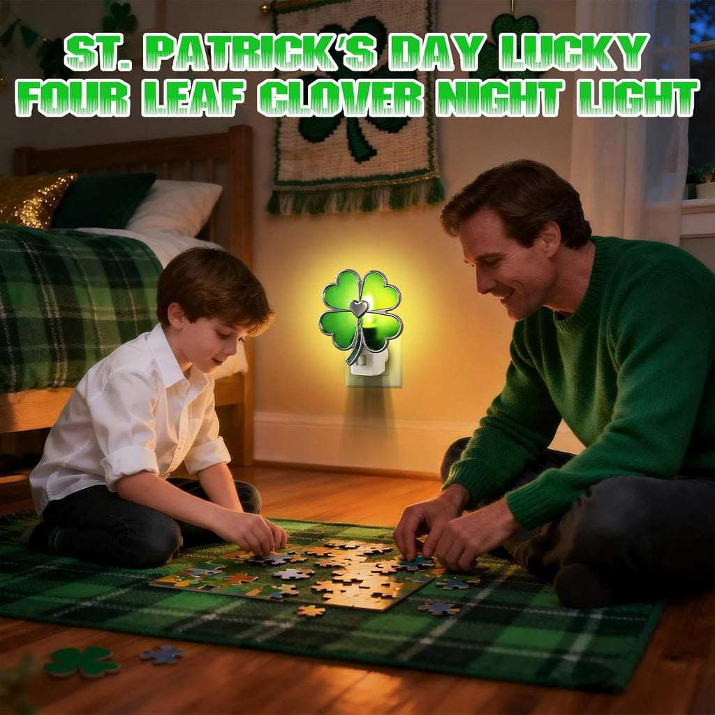 Hohean St. Patrick's Day Lucky Four Leaf Clover Night Light – UL Listed Plug in Irish Decor Lamp with C7 LED, 360° Rotating Plug for Bedroom, Bathroom & Hallway – Green Holiday Lighting Gift