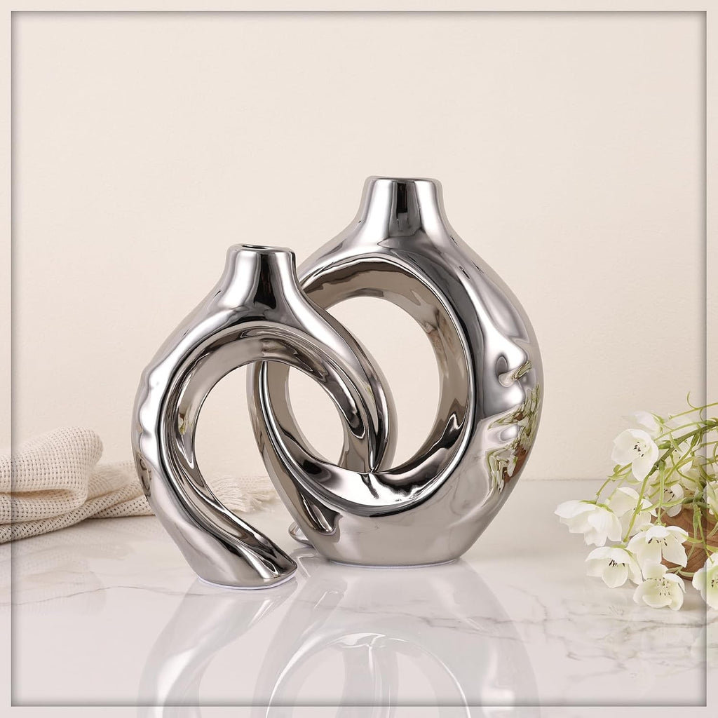 Silver Ceramic Vase Set of 2, Modern Donut Vases for Living Room Decor