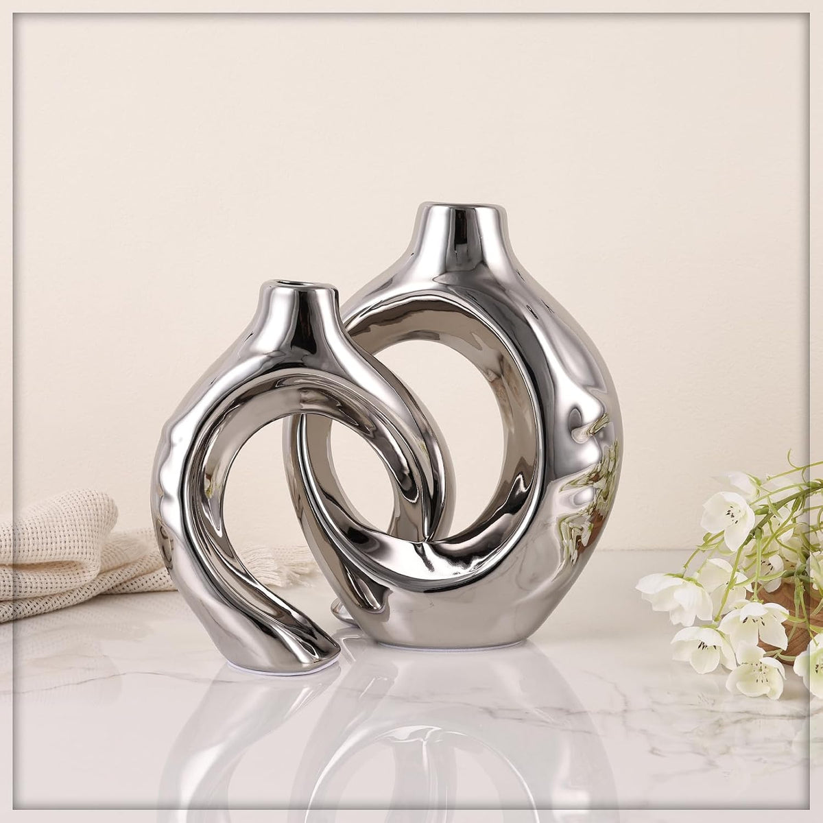 Silver Ceramic Vase Set of 2, Modern Donut Vases for Living Room Decor