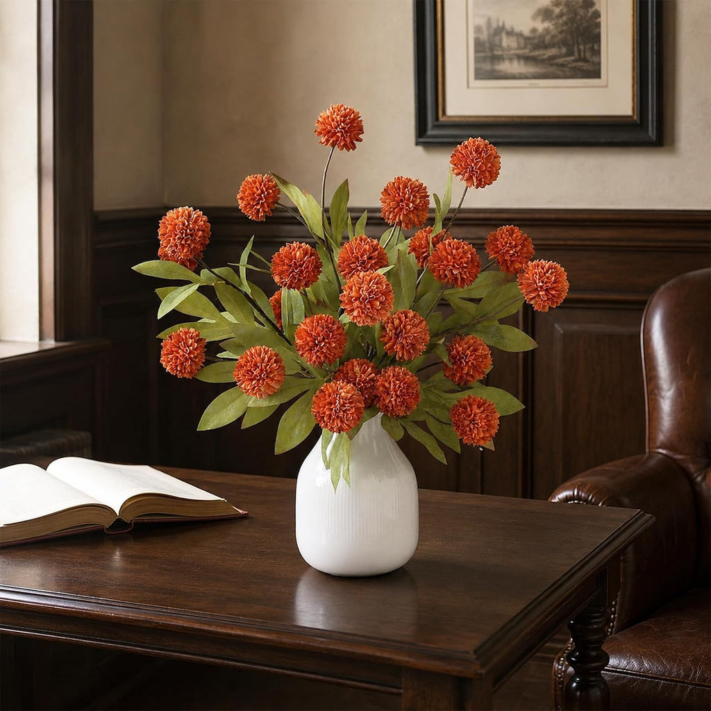 6Pcs 27"Artificial Fall Pompon Mum Stems Silk Flower for Vase Decor(Orange)