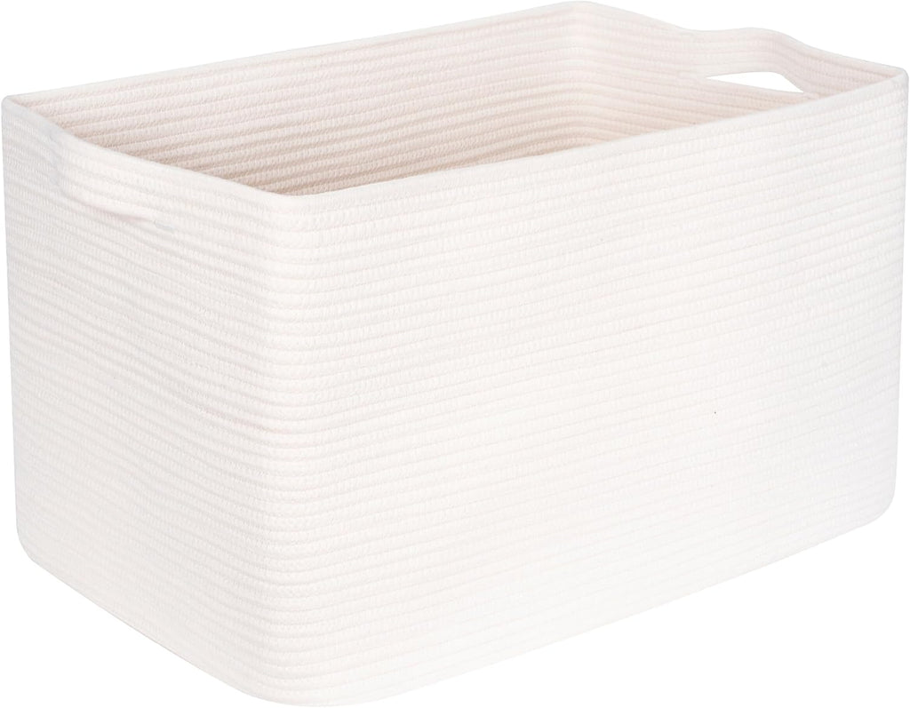 MINTWOOD Design 22in Extra Large Blanket Basket Holder Living Room, Rectangle Rope Woven Storage Basket with Handles for Laundry, Pool Towels, and Shoes, Dog Toy Organizer Bin Box, Creamy White