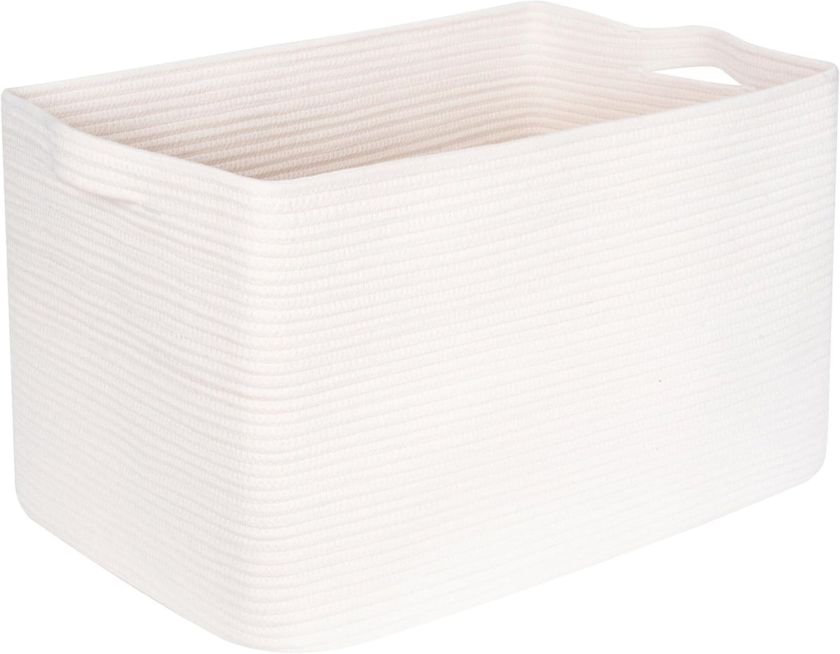 MINTWOOD Design 22in Extra Large Blanket Basket Holder Living Room, Rectangle Rope Woven Storage Basket with Handles for Laundry, Pool Towels, and Shoes, Dog Toy Organizer Bin Box, Creamy White
