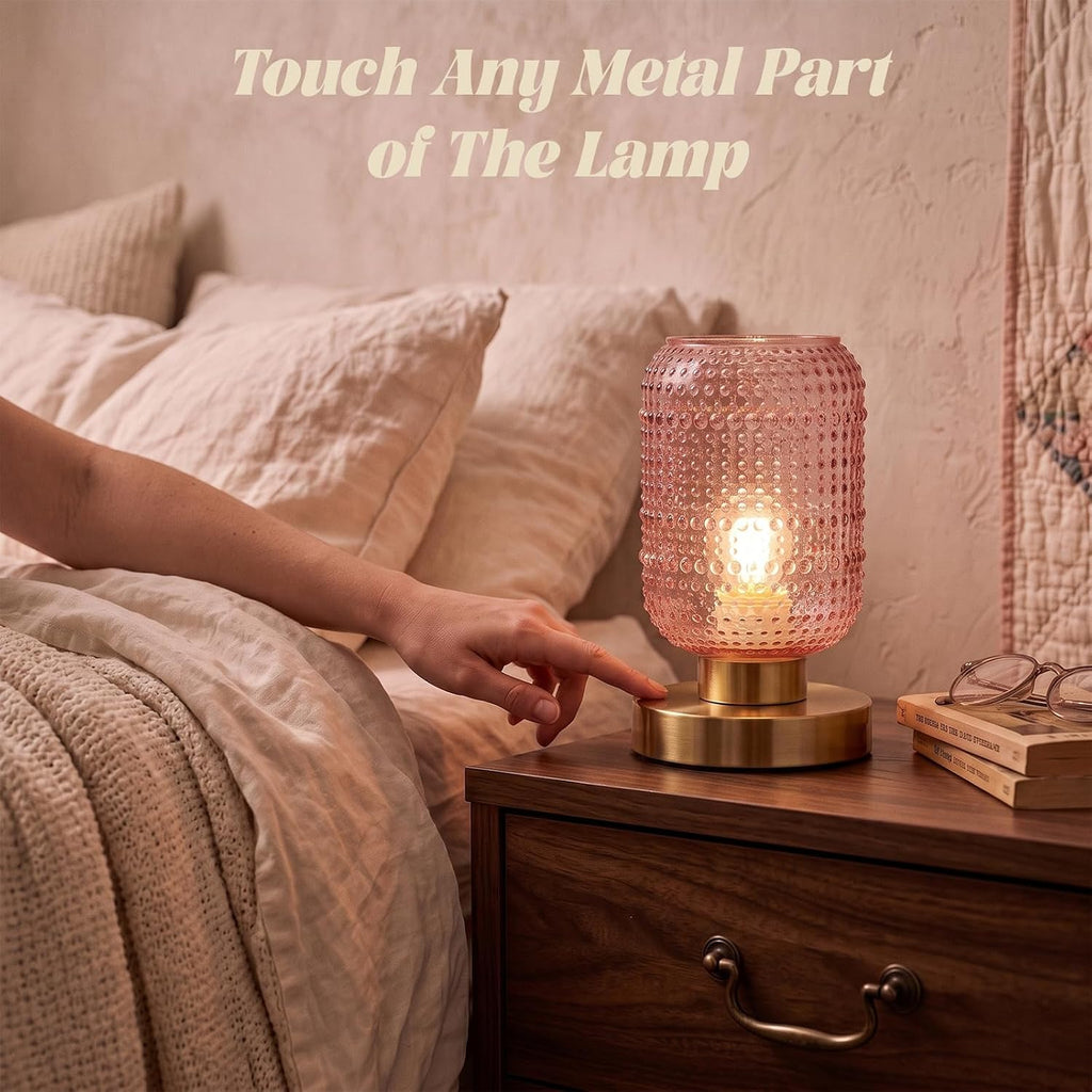 ZYER 8.9in Pink Table Lamp, Touch Control Bedside Lamp, Small Vintage Lamp