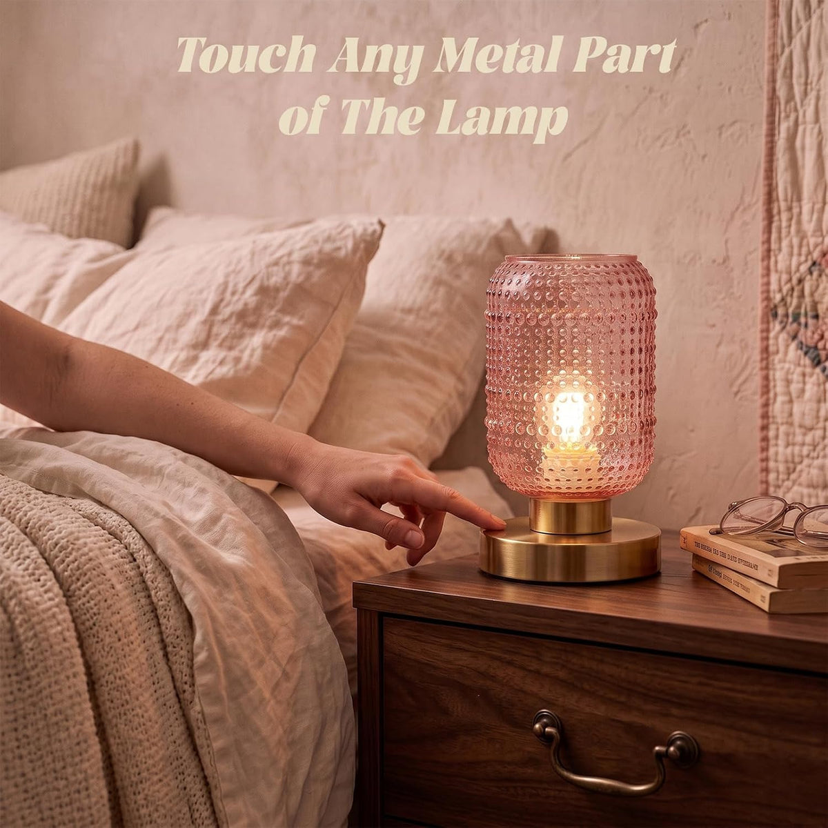 ZYER 8.9in Pink Table Lamp, Touch Control Bedside Lamp, Small Vintage Lamp