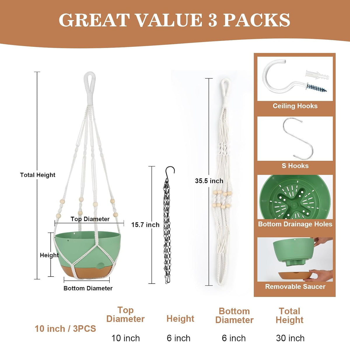3 Pack Hanging Planter for Indoor Plants, 10inch Self-Watering Hanging Plant Pot, Macrame Plant Hanger with Pot, Chain, S & Ceiling Hooks, Removable Saucer and Drainage Holes for Garden Home - Green