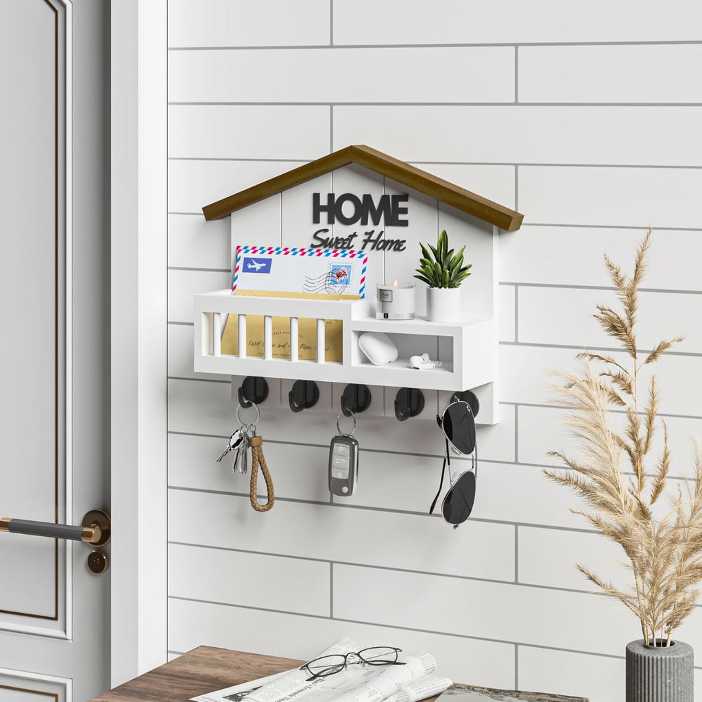 Key and Mail Holder for Wall, Wall Key Holder with Shelf, Key Rack Wall Mount, Wood Key Holder Wall Mount White, Mail Organizer Wall Mounted, Entryway & Front Door Key Holder with 5 Hooks
