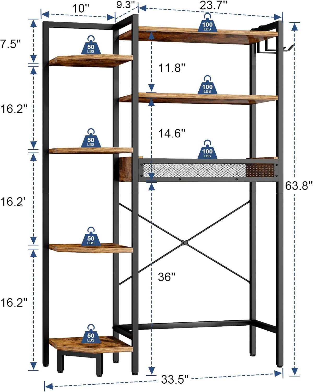 K1 Heavy Duty 7-Tier Over The Toilet Storage（With Basket and Paper Hook）Freestanding Above Toilet Shelf with Adjustable Feet，Space Saver Bathroom Shelves 9.3"D x 33.5"W x 63.8"H，Rustic Brown
