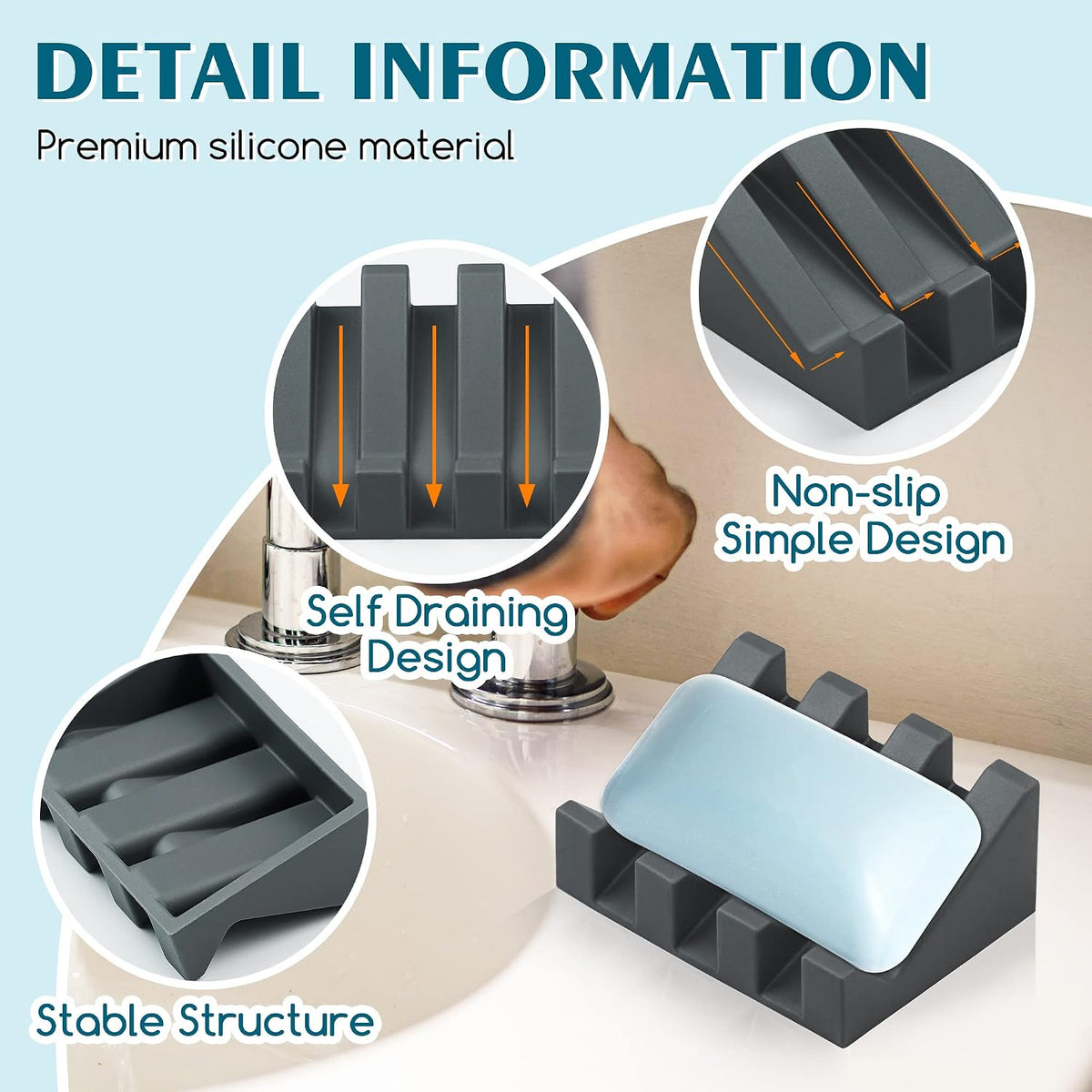 Self Draining Silicone Soap Dish Holder Waterfall Tray, 2 Pack Grey