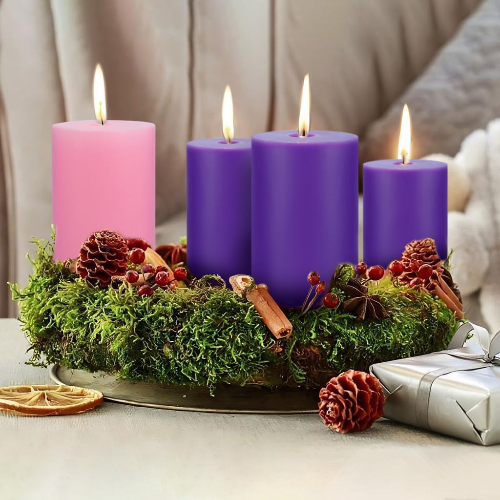 Set of 4 3x4 Inch Christmas Advent Pillar Candles, Unscented 3pcs Purple and 1pc Pink Solid Colored Candles for Christmas - 45 Hours Burn