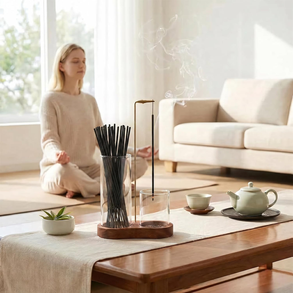 2 in 1 Incense Holder for Sticks with Glass Ash Catcher - Upside Down Anti-Ash Flying Incense Burner & Stick Storage Organizer, Ideal for Meditation, Yoga, Zen Home Decor, Spa Relaxation Gift