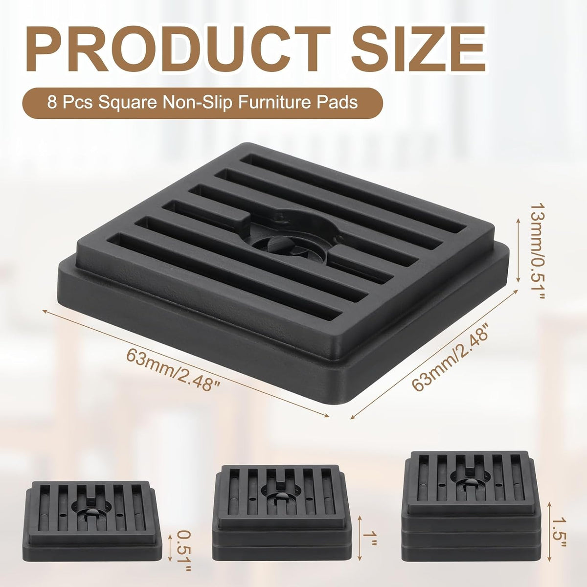 uxcell 8Pcs Bed Risers, Square Heavy Duty Stackable Lift Block to 0.5 Inch Plastic Furniture Riser for Desk, Chair, Table, Sofa Legs, Washing Machine, Refrigerator, Black